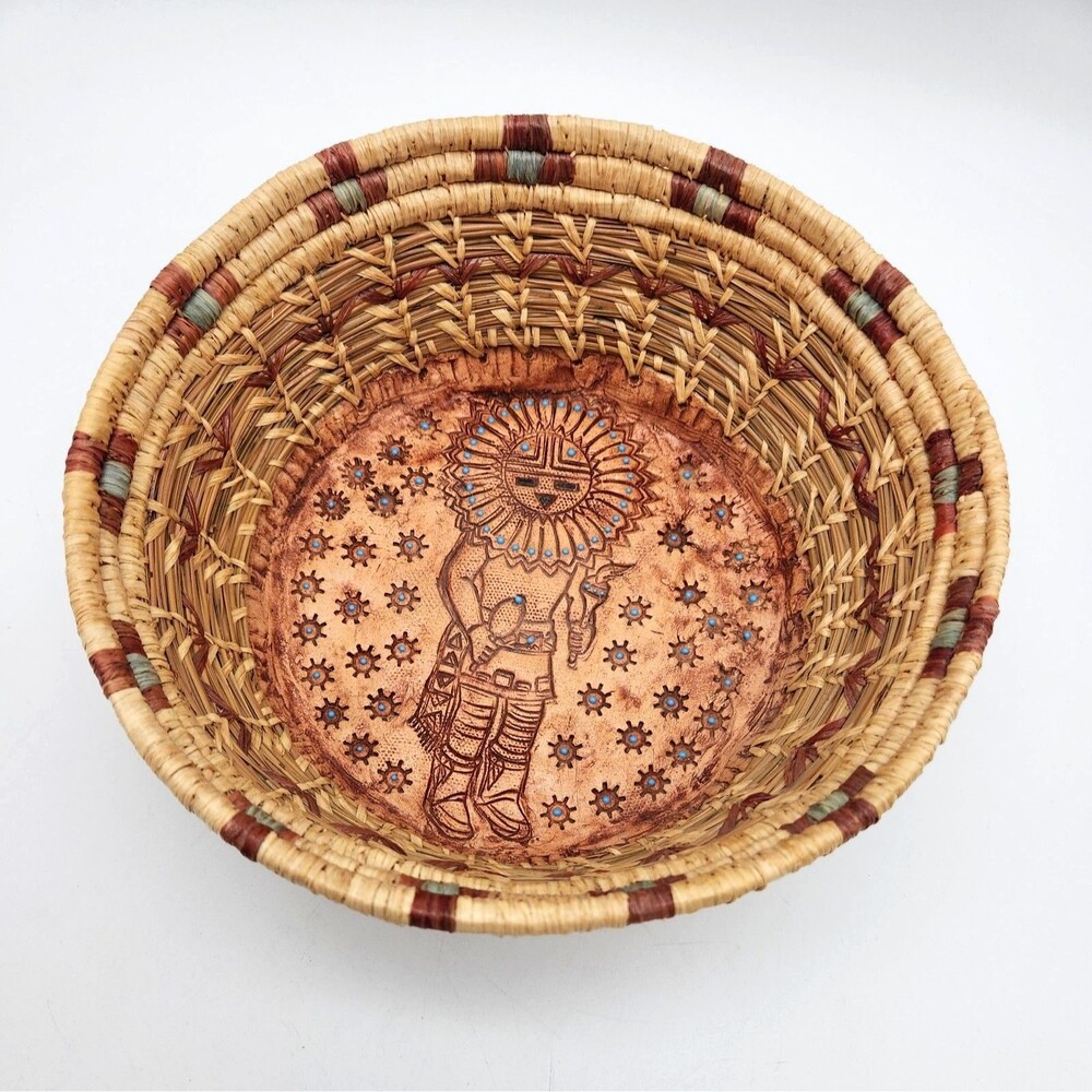 Vtg 2000 Joyce Wenker Handwoven Pine Needle Basket Kachina Clay Base Bowl Signed